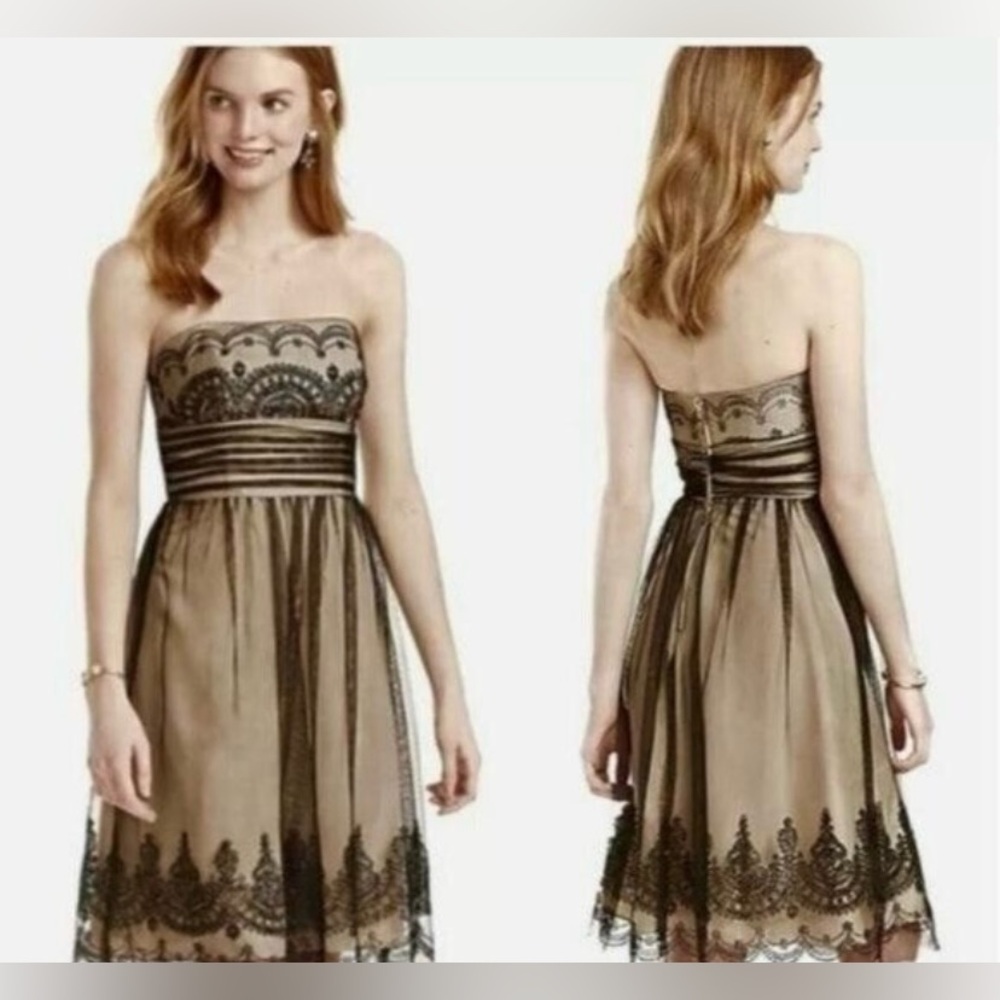 DAVID'S BRIDAL Champagne Black Beaded Sequin Strapless Tulle Dress NWT - Size 14